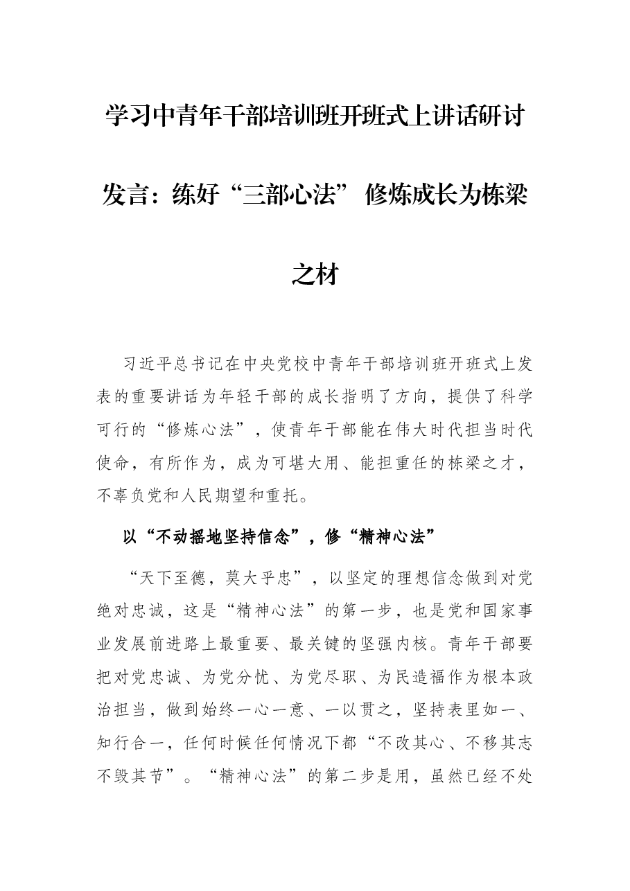 学习中青年干部培训班开班式上讲话研讨发言:练好“三部心法” 修炼成长为栋梁之材.docx,第1页预览