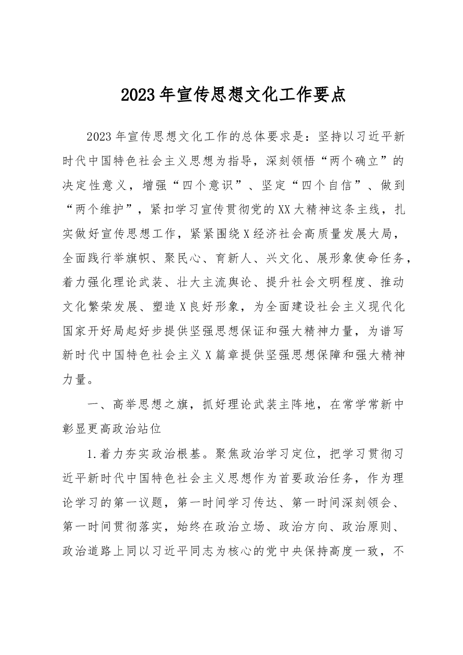 2023年宣传思想文化工作要点.docx,第1页预览