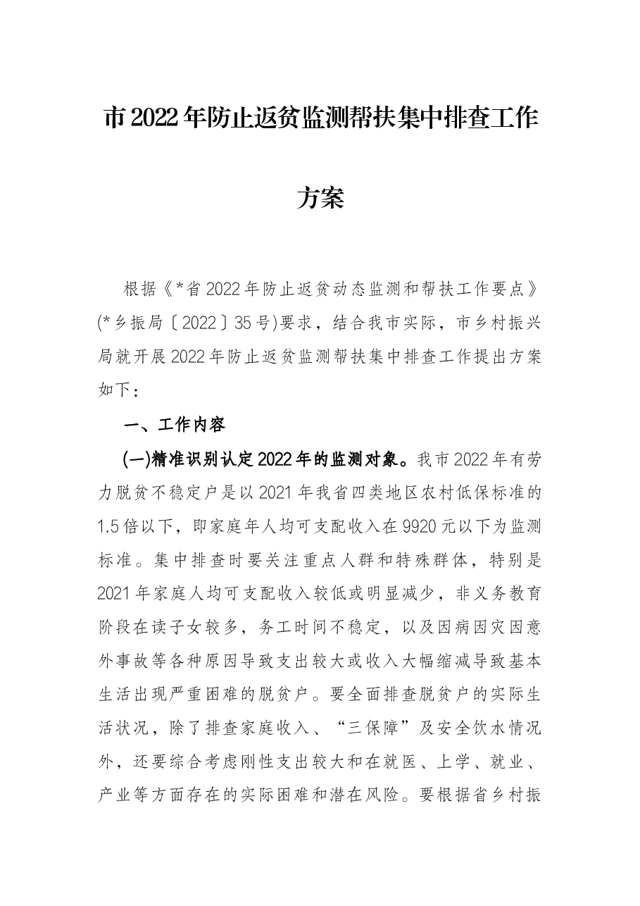 市2022年防止返贫监测帮扶集中排查工作方案.docx,第1页预览