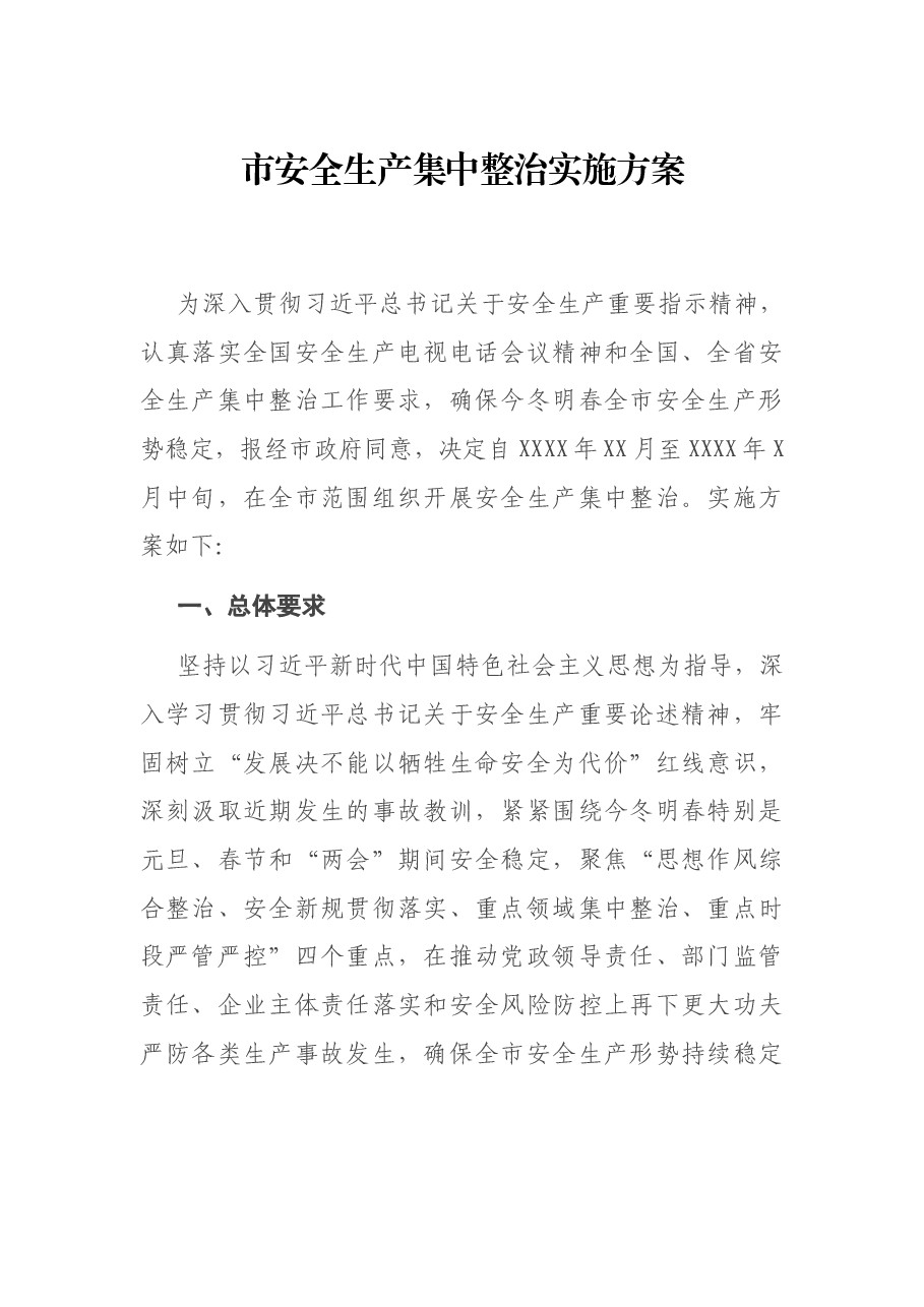 市安全生产集中整治实施方案.docx,第1页预览