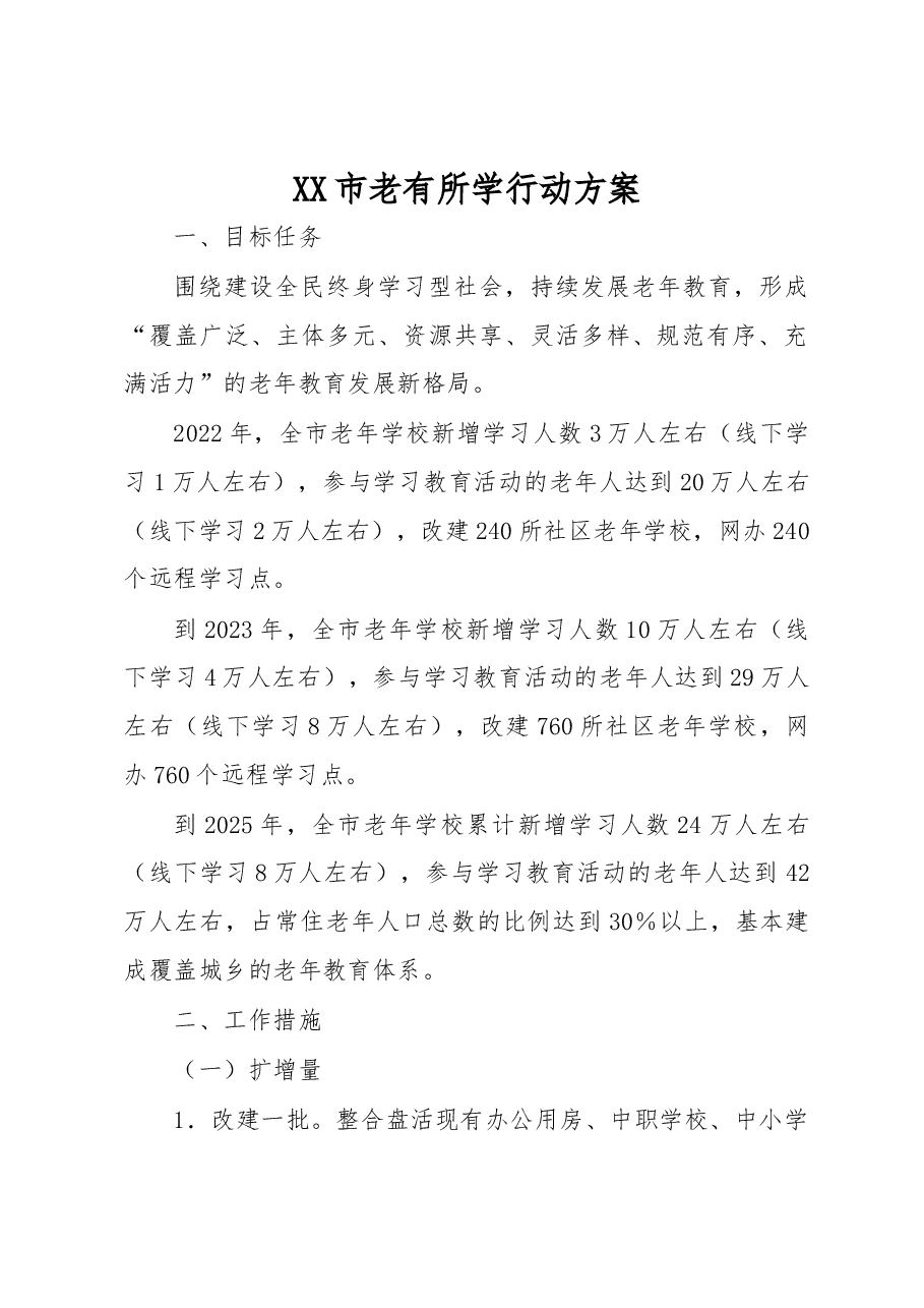 XX市老有所学行动方案.docx,第1页预览