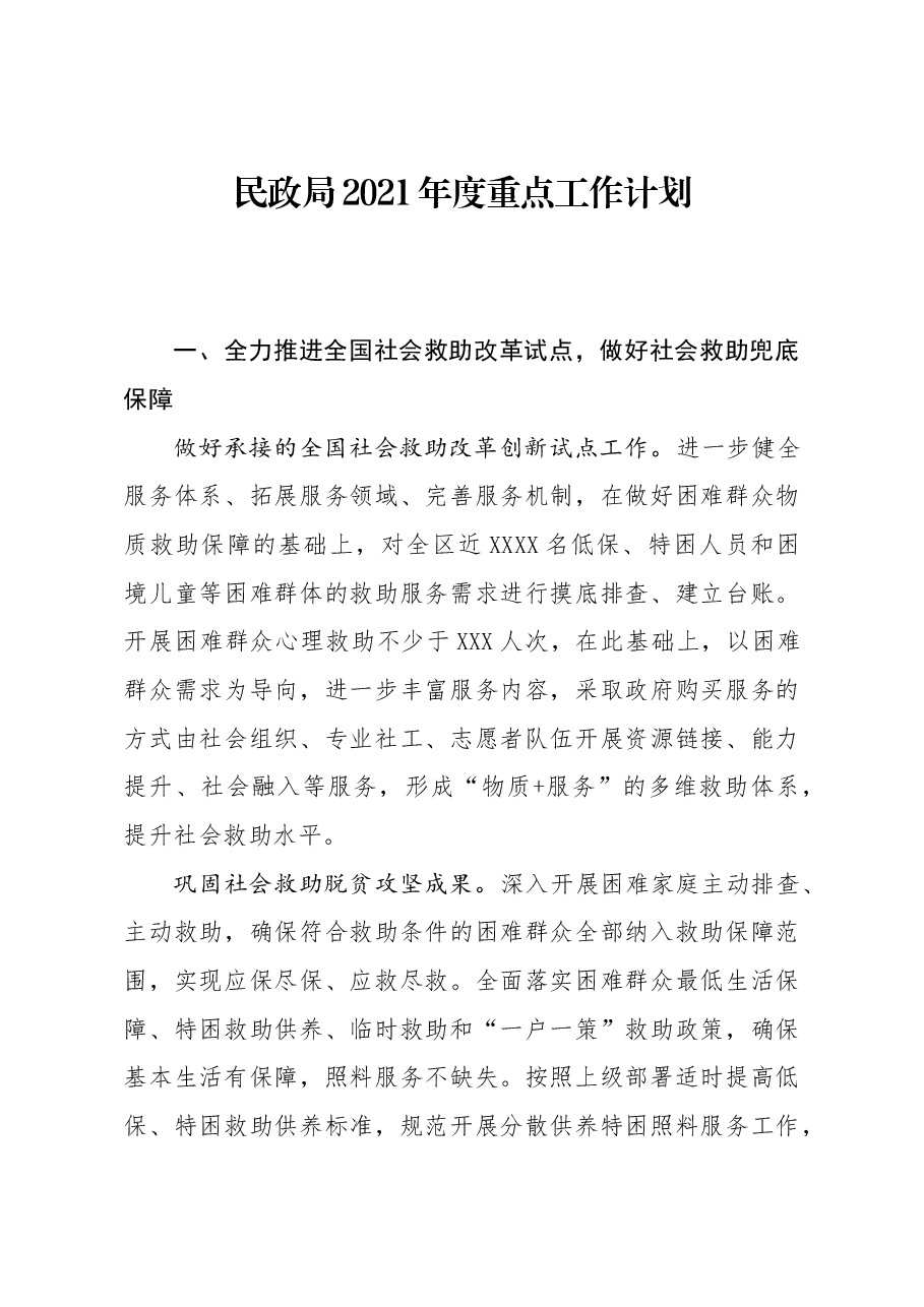 民政局2021年度重点工作计划.docx,第1页预览