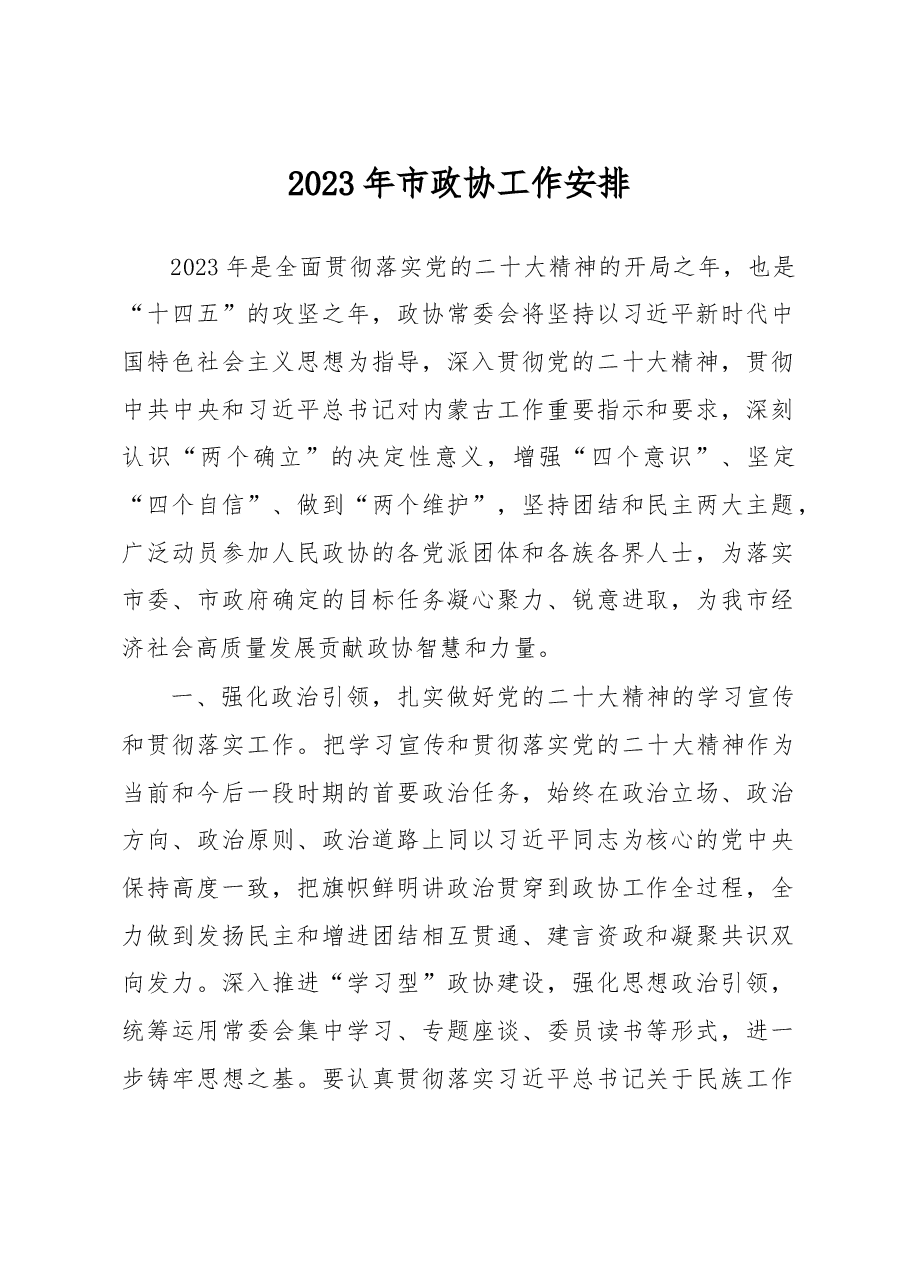 2023年市政协工作安排.docx,第1页预览
