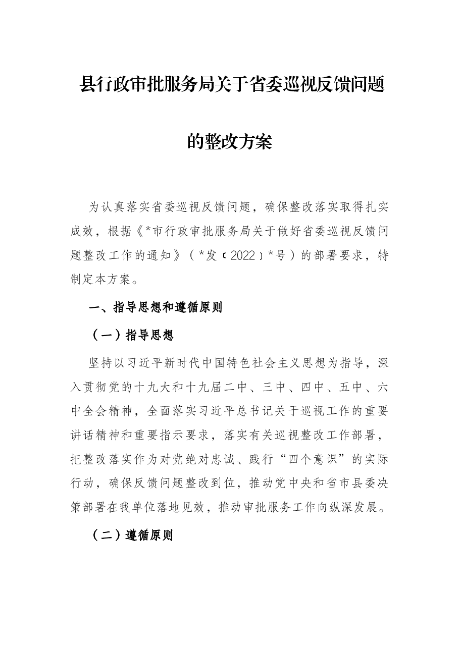 县行政审批服务局关于省委巡视反馈问题的整改方案.docx,第1页预览