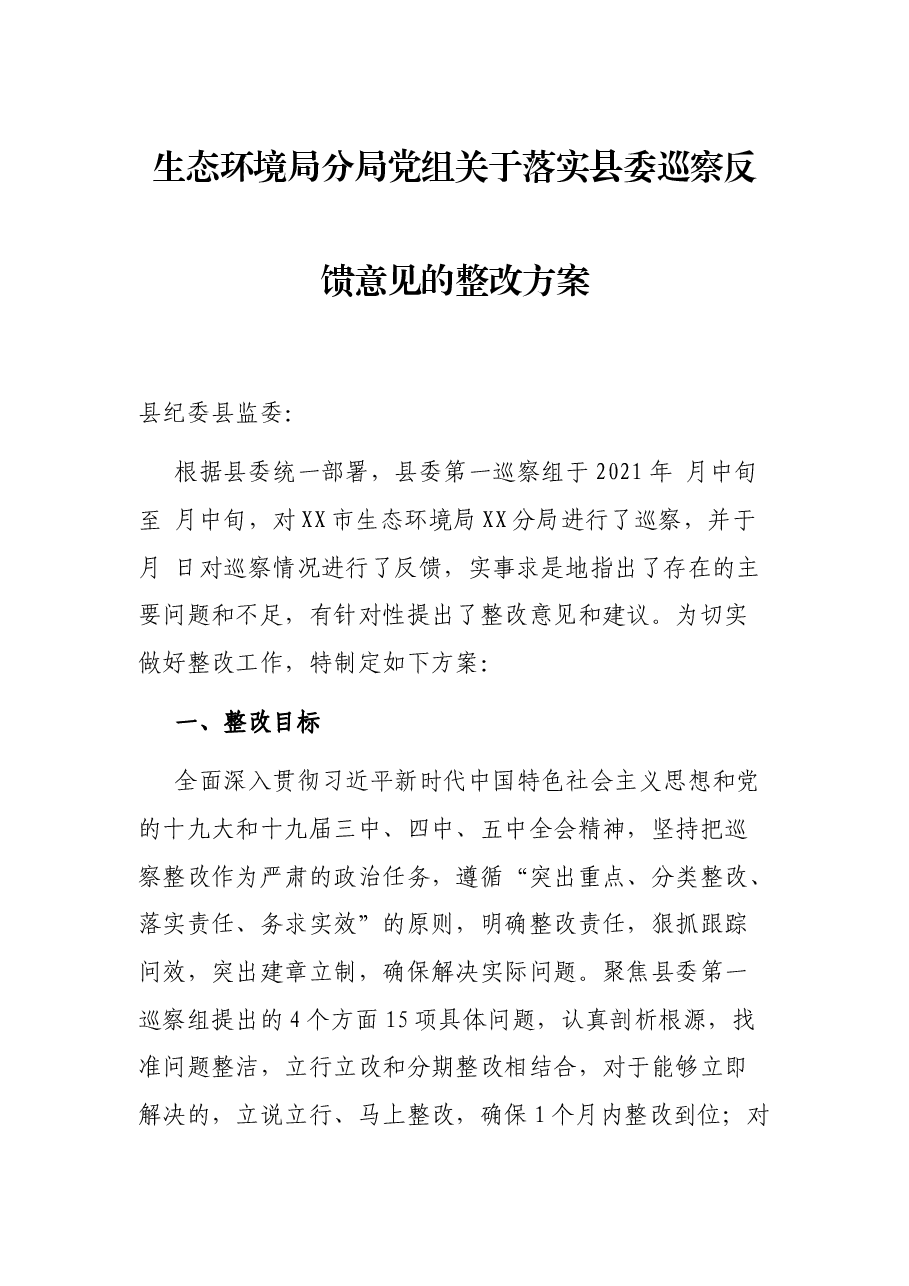 生态环境局分局党组关于落实县委巡察反馈意见的整改方案.docx,第1页预览