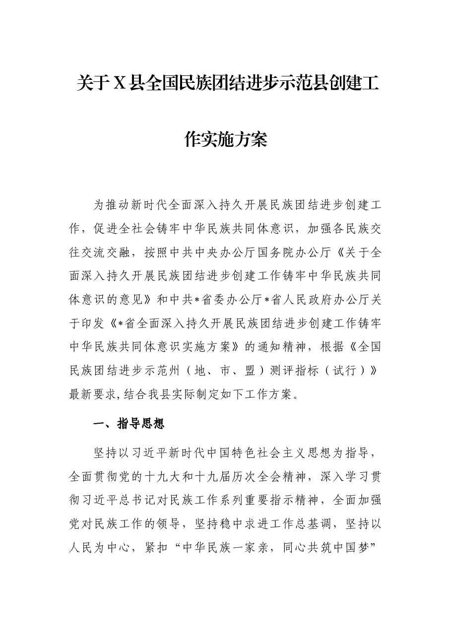 关于X县全国民族团结进步示范县创建工作实施方案.docx,第1页预览