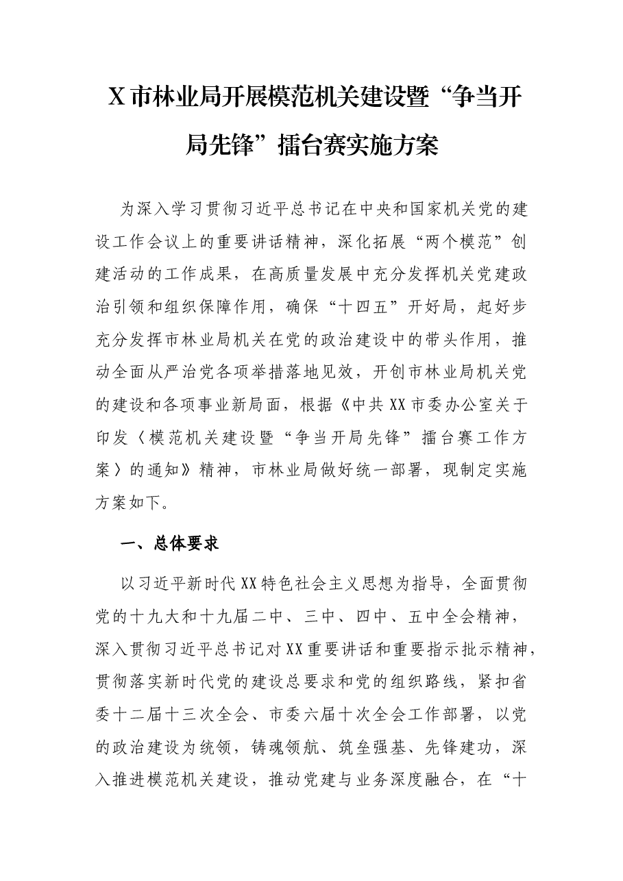 X市林业局开展模范机关建设暨“争当开局先锋”擂台赛实施方案.docx,第1页预览