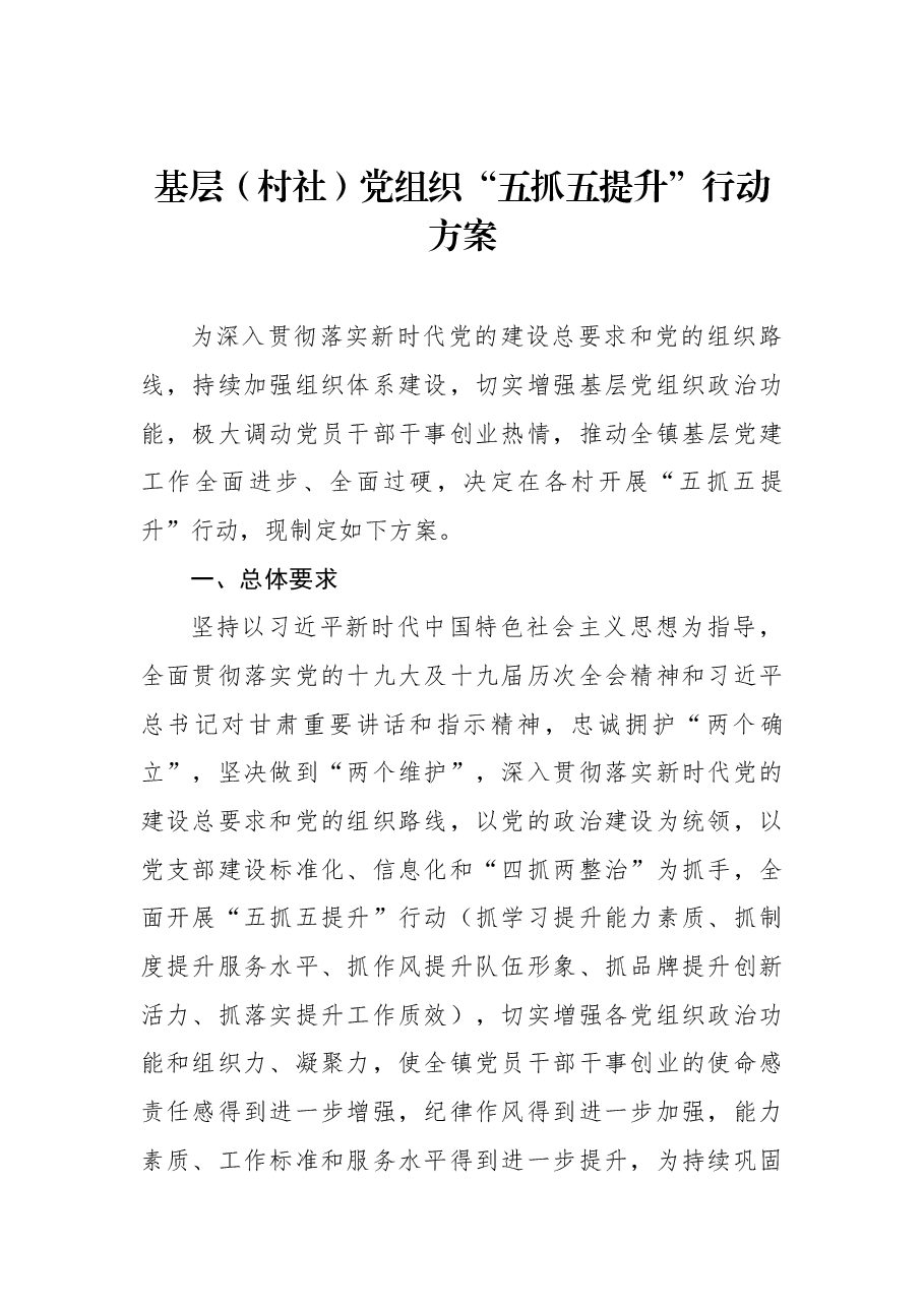 2022年基层(村社)党组织“五抓五提升”行动方案.docx,第1页预览