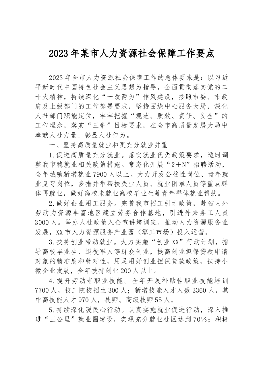 2023年某市人力资源社会保障工作要点.docx,第1页预览