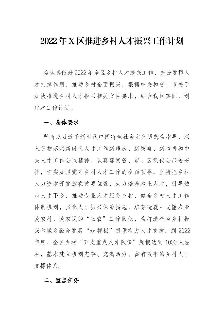 2022年X区推进乡村人才振兴工作计划.docx,第1页预览
