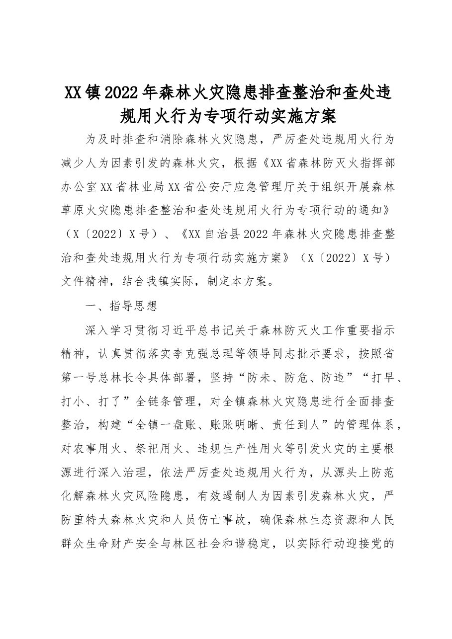 XX镇2022年森林火灾隐患排查整治和查处违规用火行为专项行动实施方案.docx,第1页预览