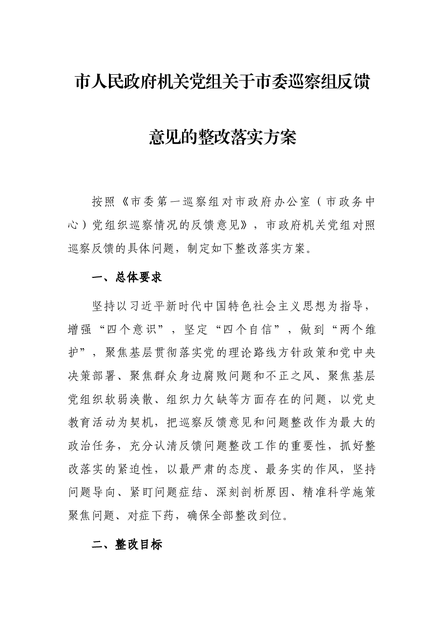 市人民政府机关党组关于市委巡察组反馈意见的整改落实方案.docx,第1页预览
