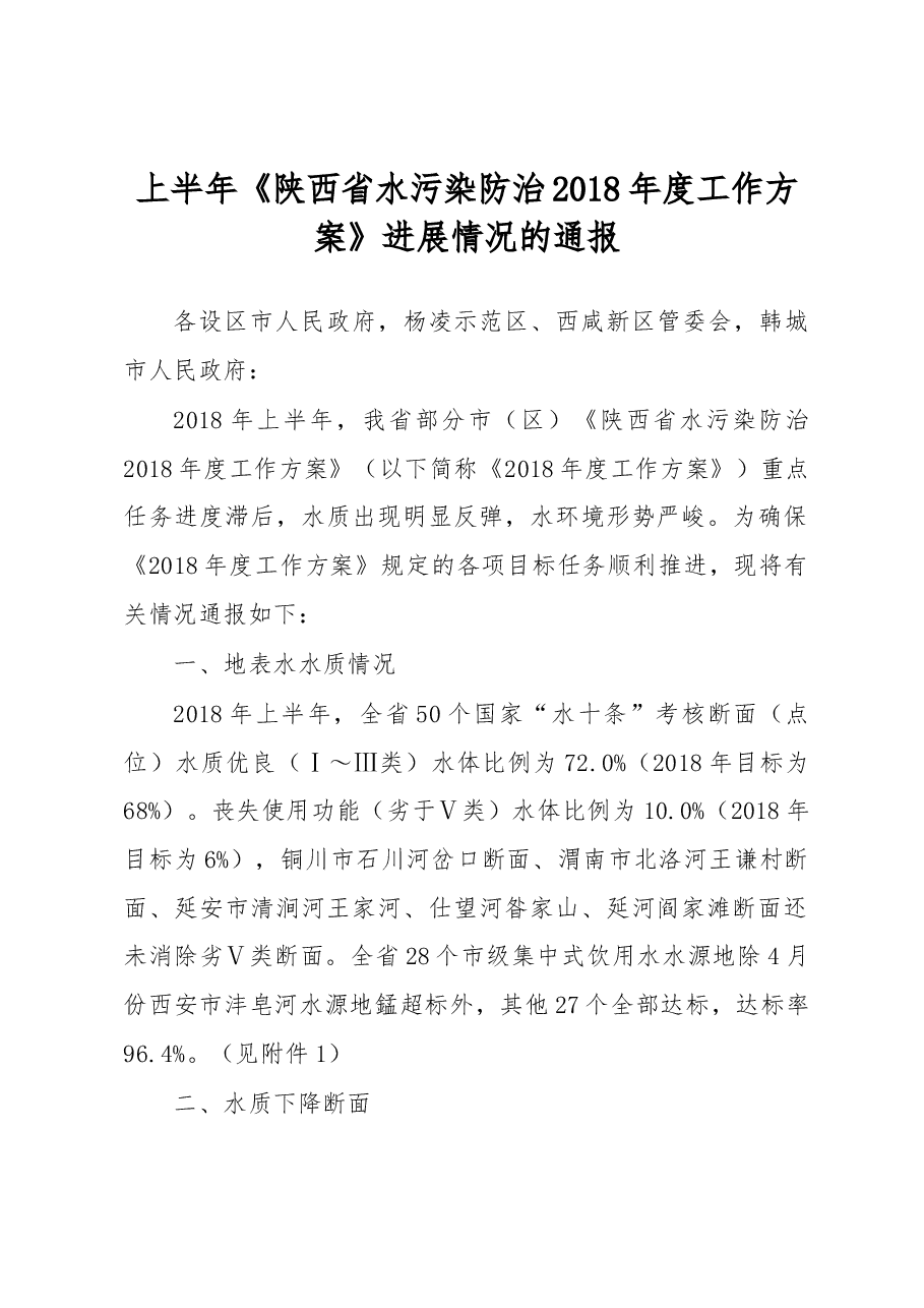 上半年《陕西省水污染防治2018年度工作方案》进展情况的通报.docx,第1页预览