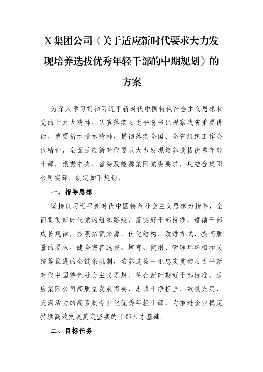 X集团公司《关于适应新时代要求大力发现培养选拔优秀年轻干部的中期规划》的方案.docx,第1页预览