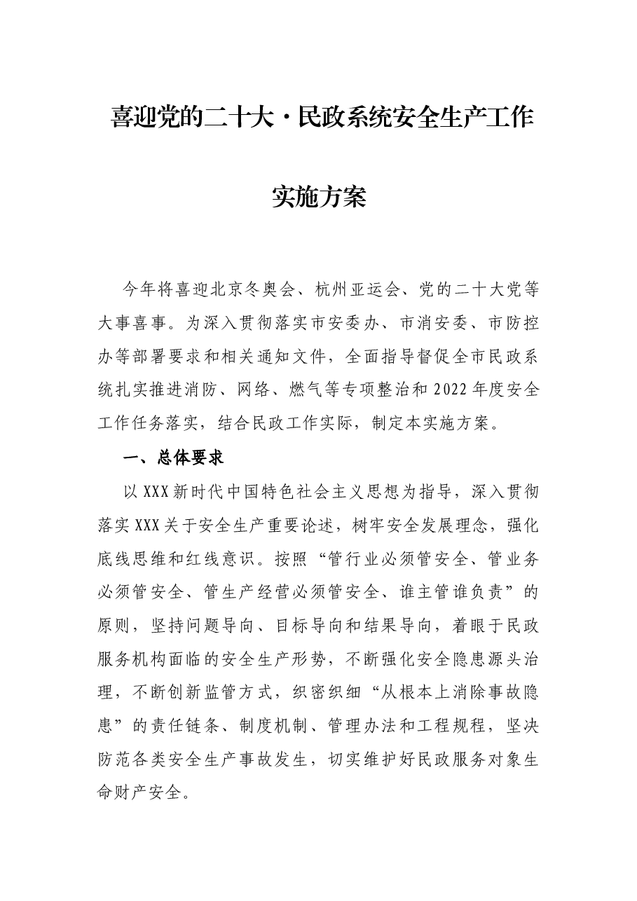 喜迎党的二十大·民政系统安全生产工作实施方案.docx,第1页预览
