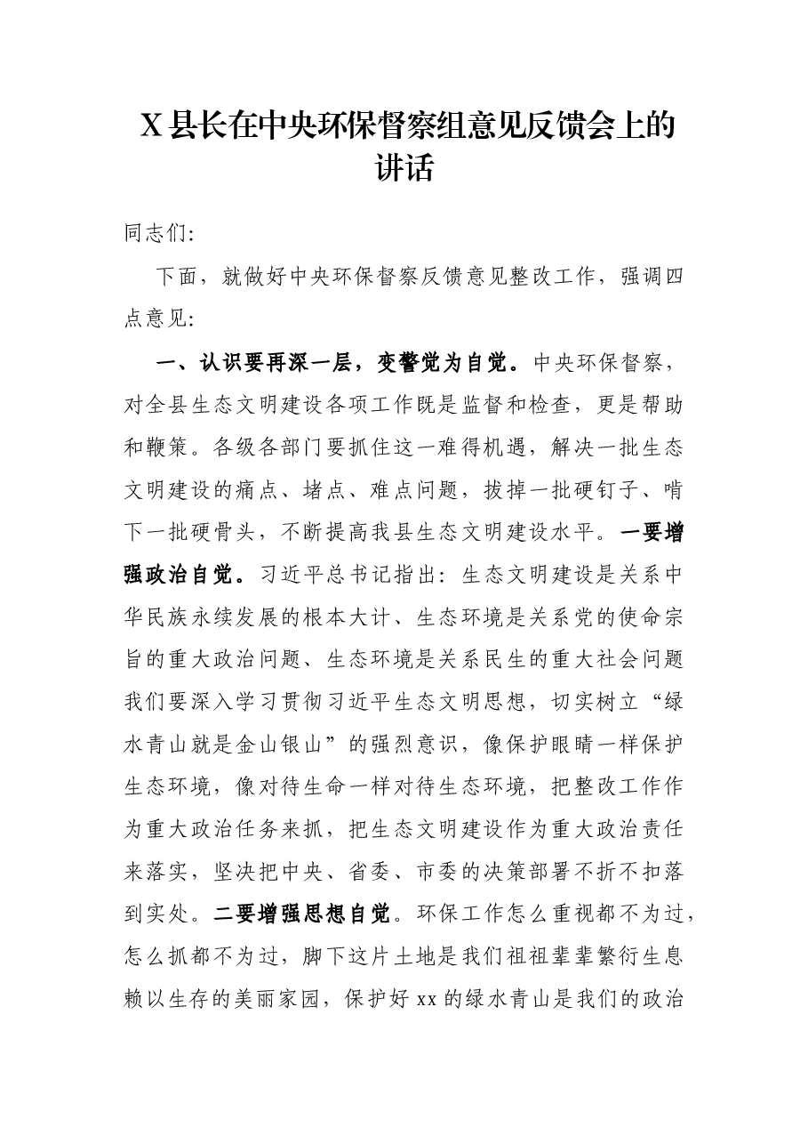 X县长在中央环保督察组意见反馈会上的讲话.docx,第1页预览
