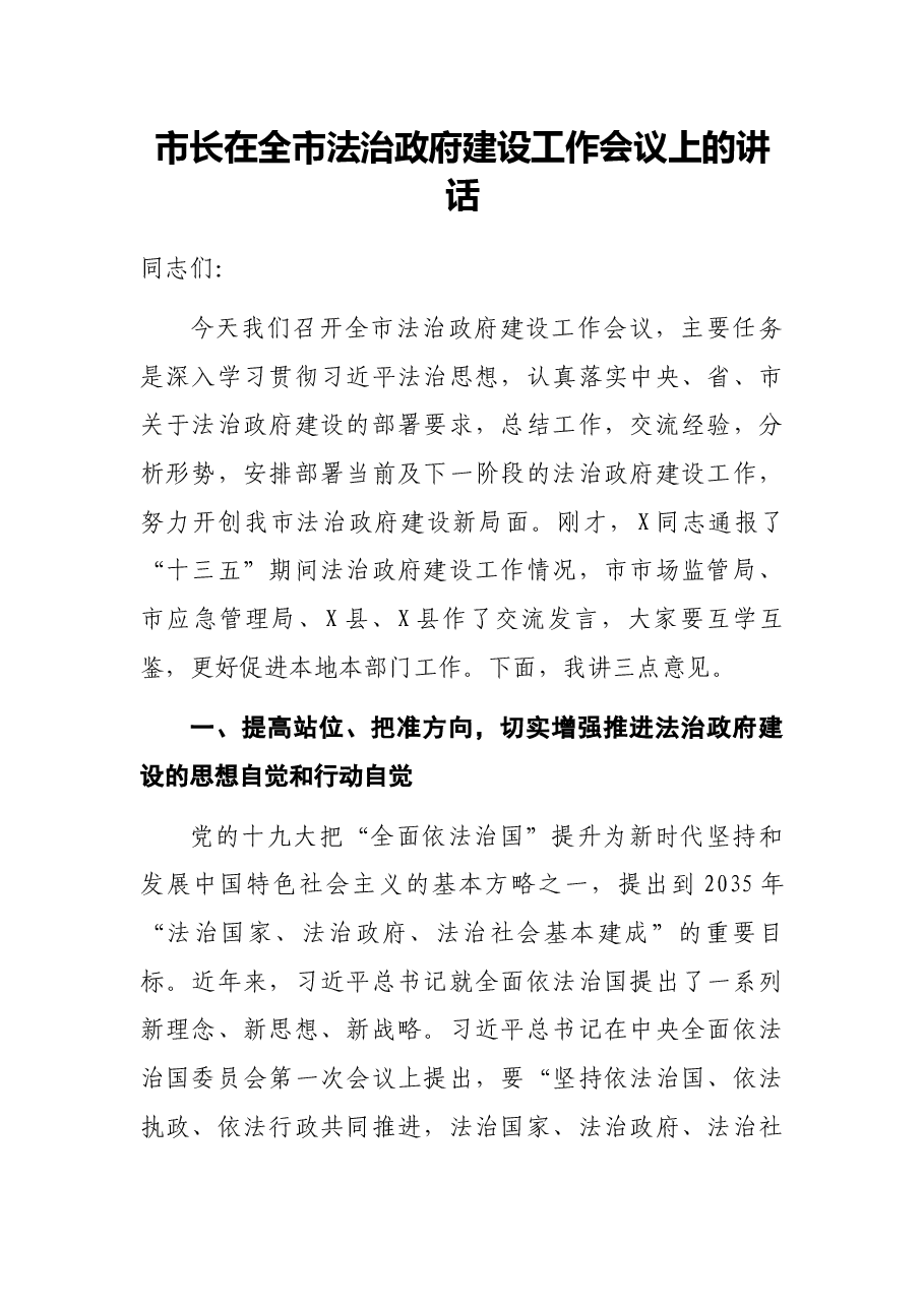 市长在全市法治政府建设工作会议上的讲话.docx,第1页预览