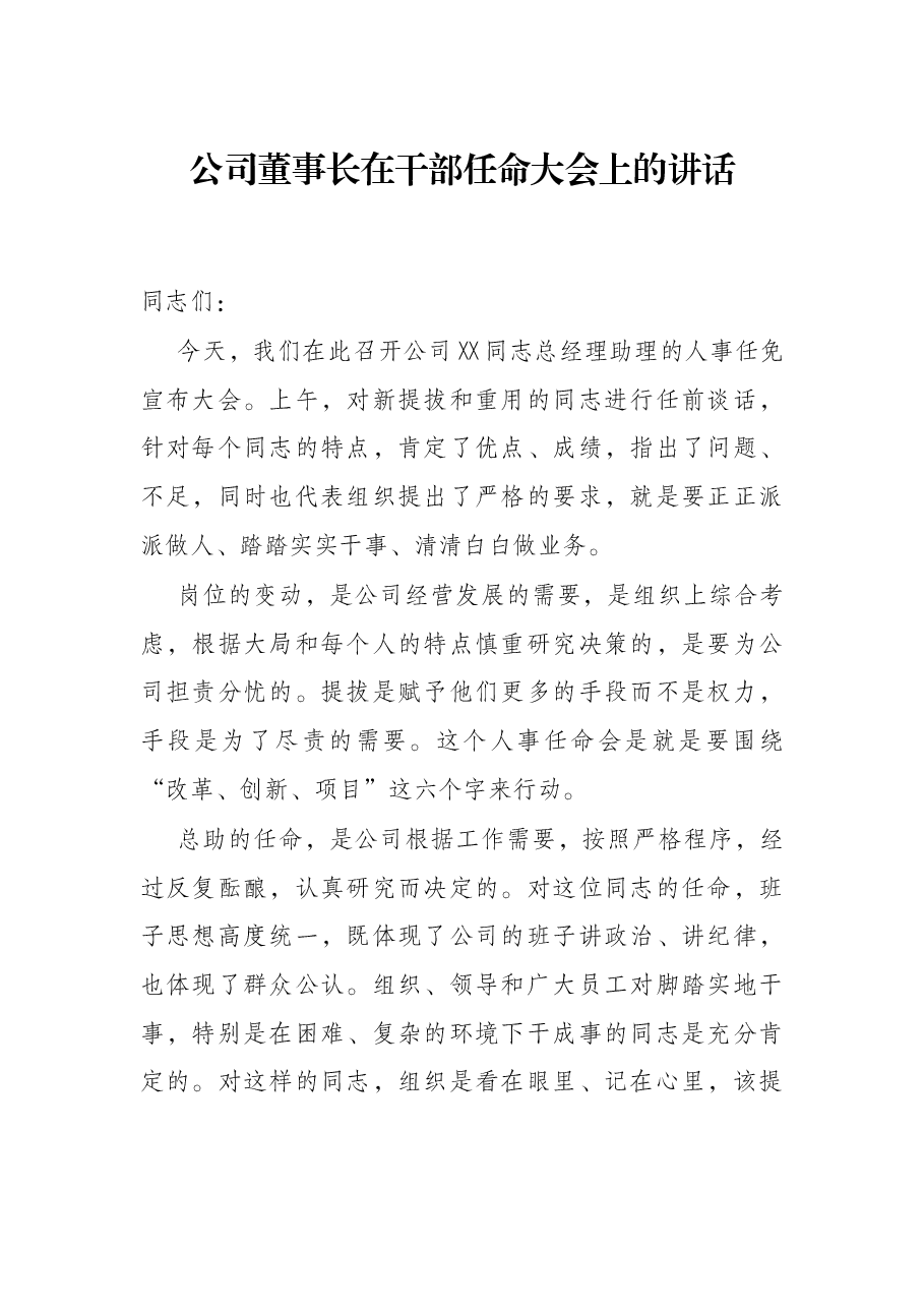 公司董事长在干部任命大会上的讲话.docx,第1页预览