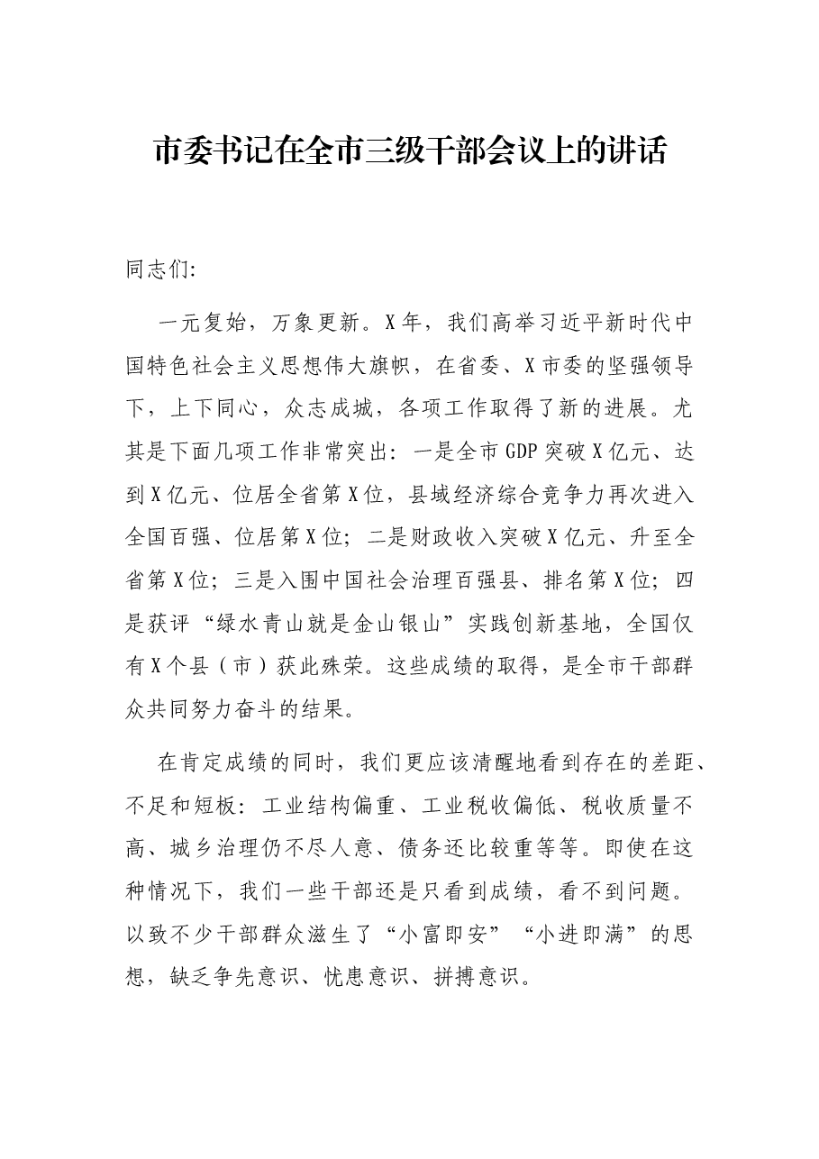 市委书记在全市三级干部会议上的讲话.docx,第1页预览
