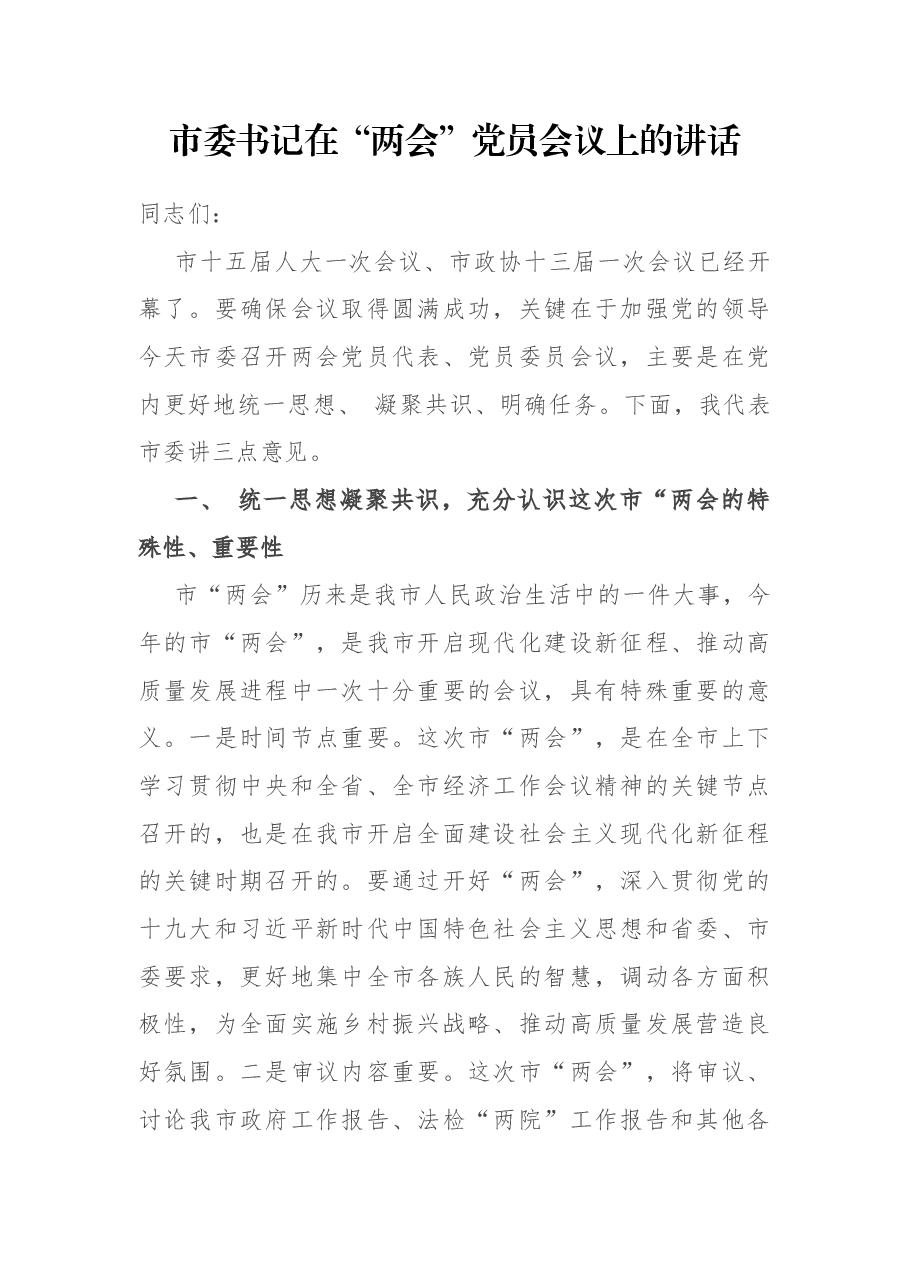 市委书记在“两会”党员会议上的讲话.docx，第1页预览
