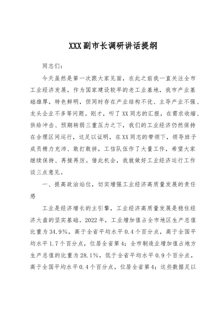 XXX副市长调研讲话提纲.docx,第1页预览