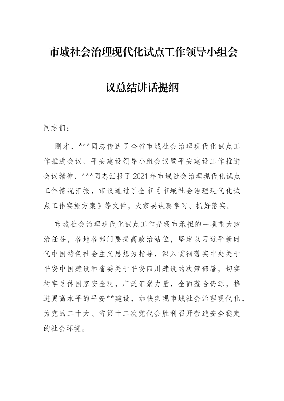 市域社会治理现代化试点工作领导小组会议总结讲话提纲.docx,第1页预览