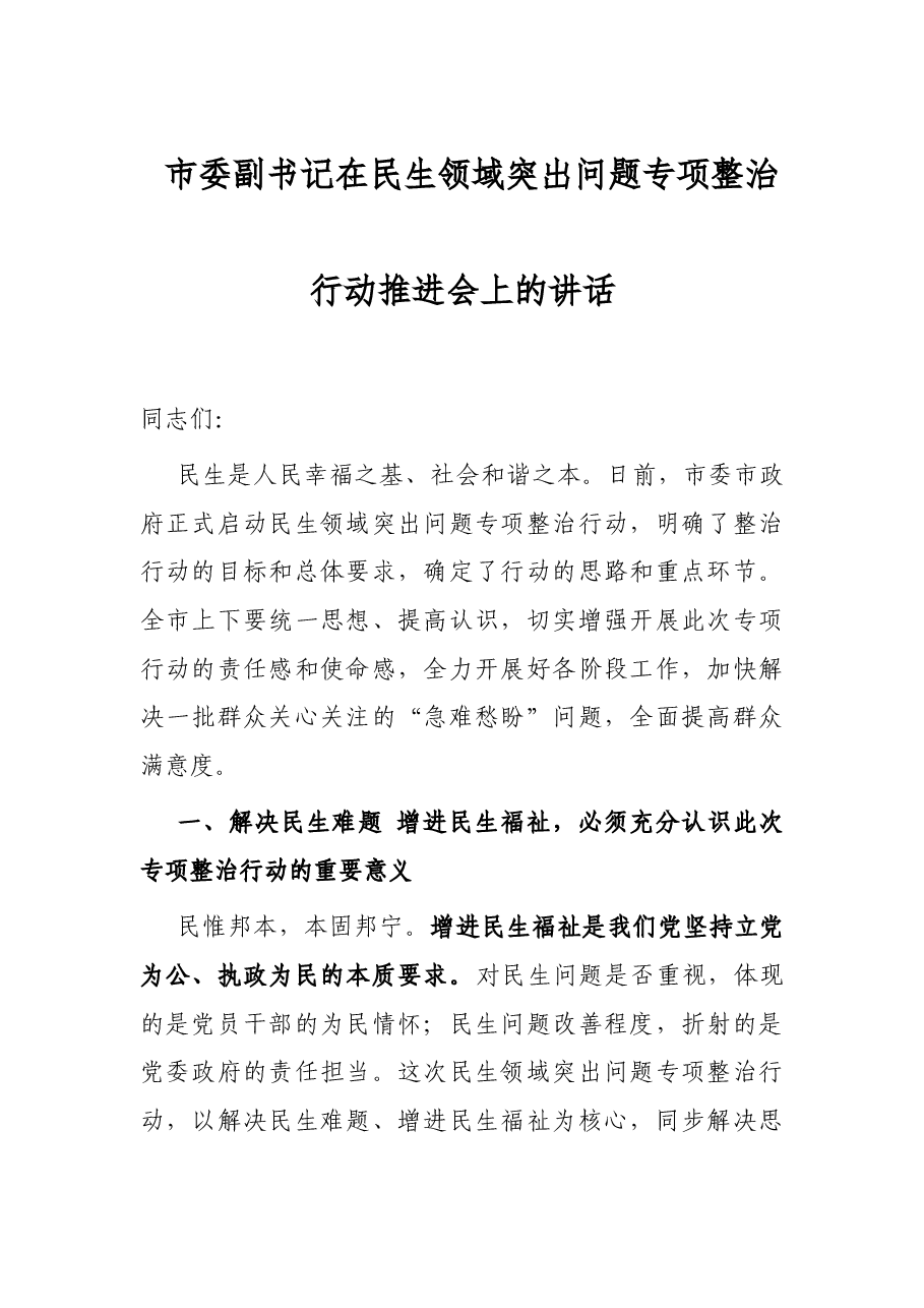 市委副书记在民生领域突出问题专项整治行动推进会上的讲话.docx,第1页预览