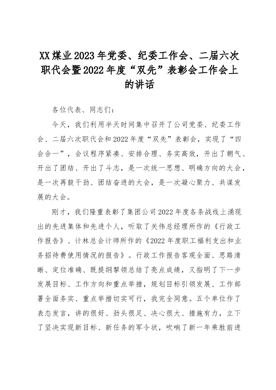 XX煤业2023年党委、纪委工作会、二届六次职代会暨2022年度“双先”表彰会工作会上的讲话.docx,第1页预览