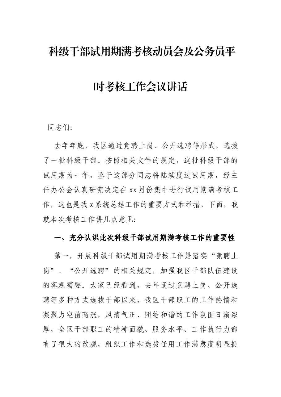 科级干部试用期满考核动员会及公务员平时考核工作会议讲话.docx,第1页预览