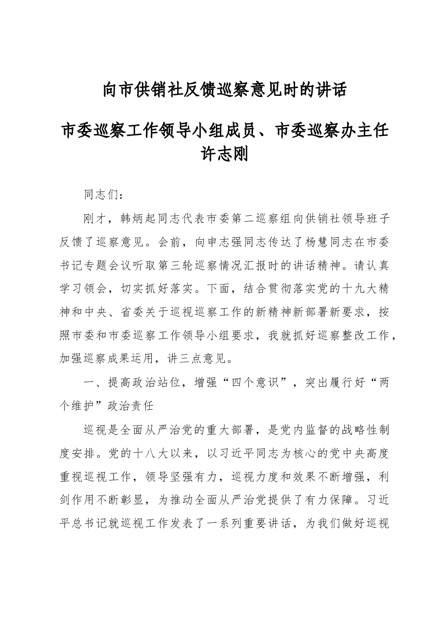 XX市巡察办主任向市供销社反馈巡察意见时的讲话.doc,第1页预览