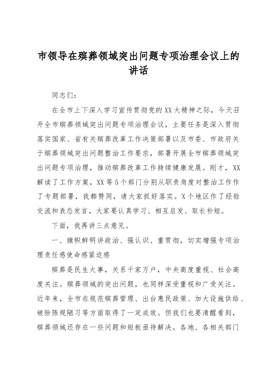 市领导在殡葬领域突出问题专项治理会议上的讲话.docx,第1页预览