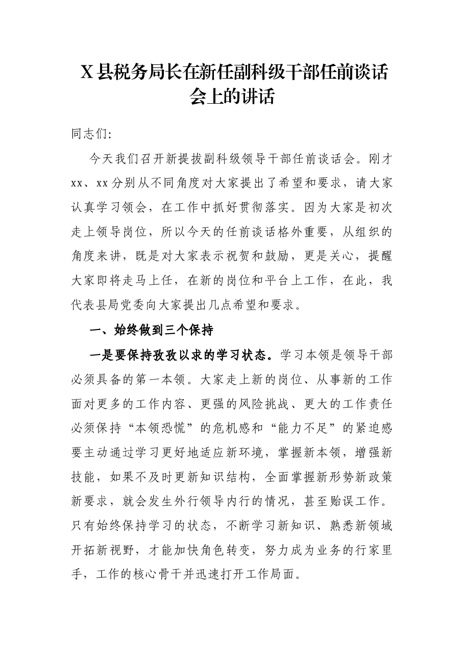 X县税务局长在新任副科级干部任前谈话会上的讲话.docx,第1页预览