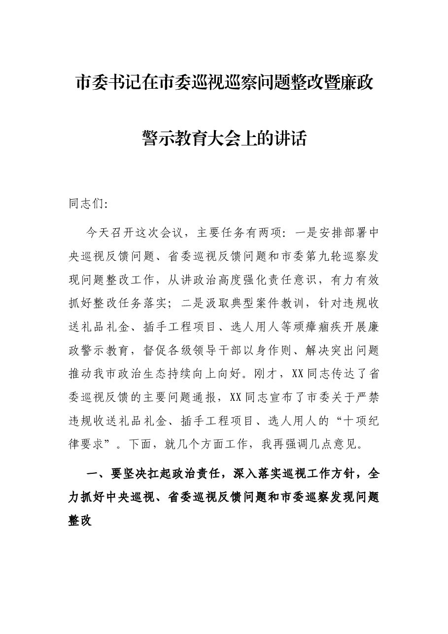 市委书记在市委巡视巡察问题整改暨廉政警示教育大会上的讲话.docx,第1页预览