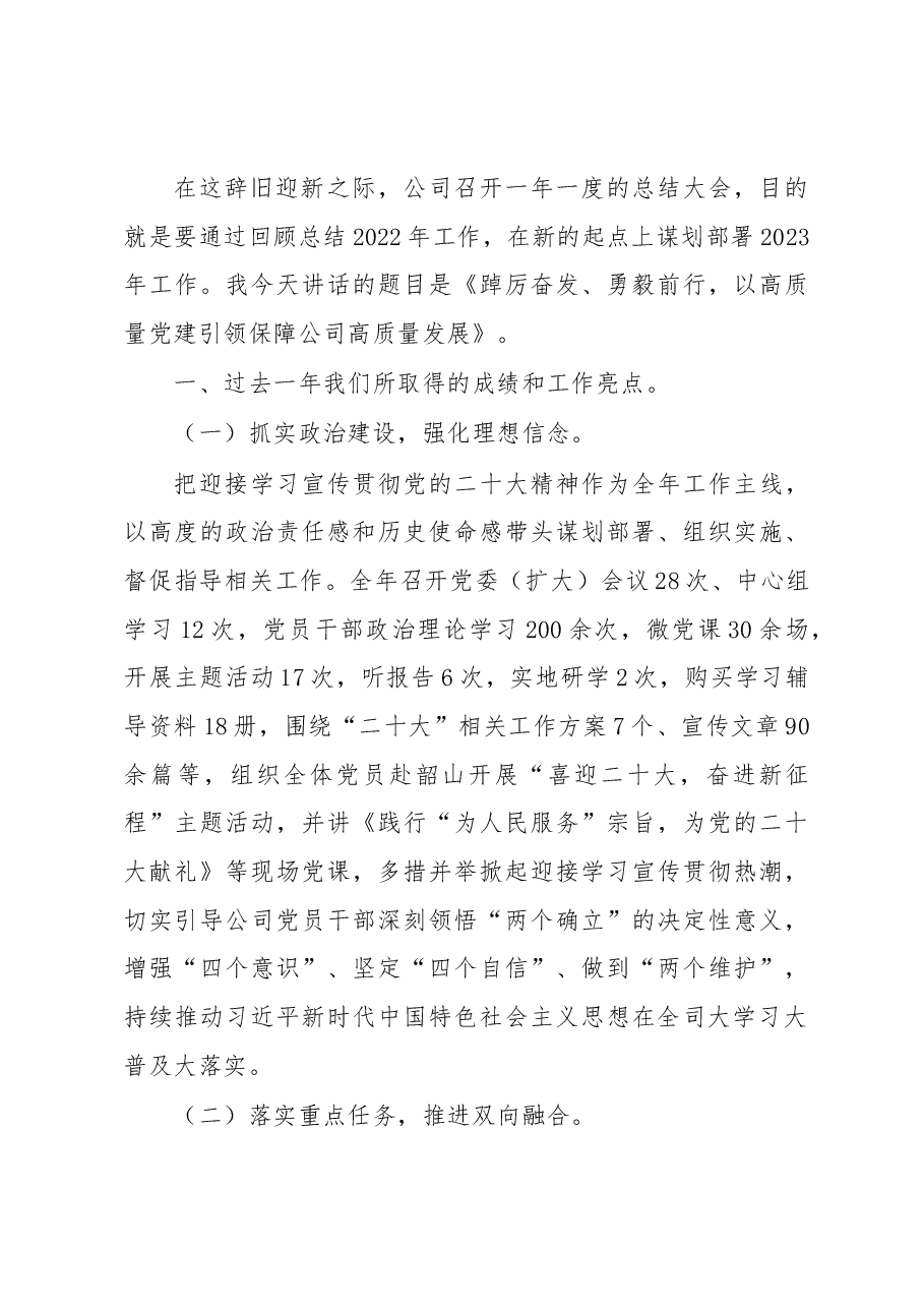 踔厉奋发、勇毅前行,以高质量党建引领保障公司高质量发展——在公司2023年度工作会议上的讲话.docx,第2页预览