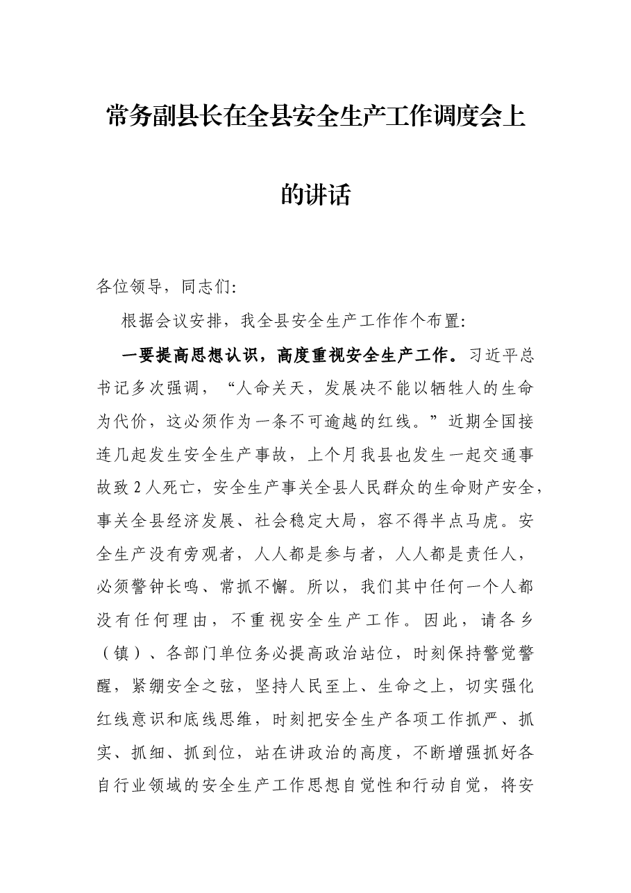 常务副县长在全县安全生产工作调度会上的讲话.docx,第1页预览