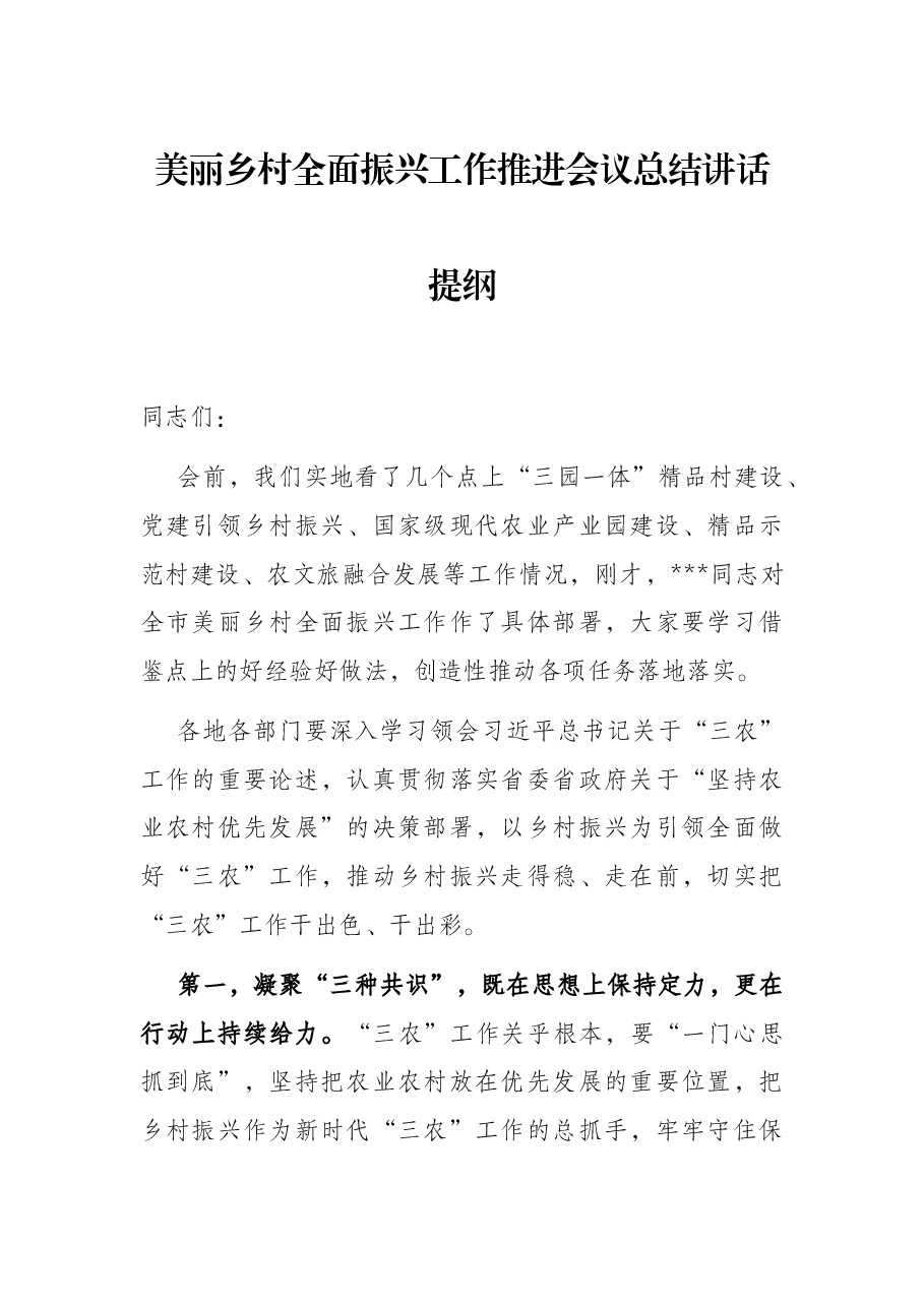 美丽乡村全面振兴工作推进会议总结讲话提纲.docx,第1页预览