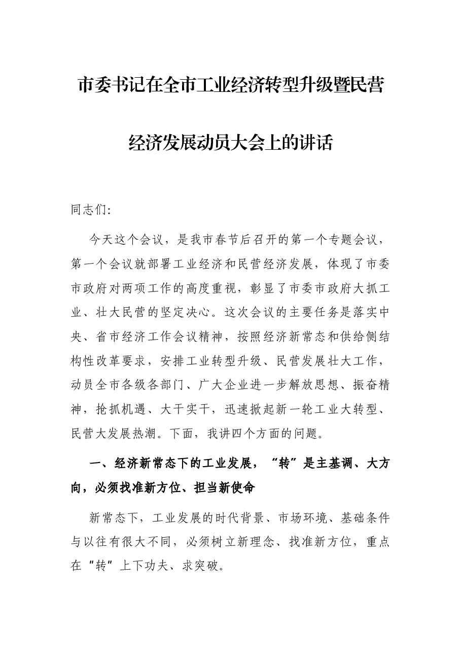 市委书记在全市工业经济转型升级暨民营经济发展动员大会上的讲话.docx,第1页预览