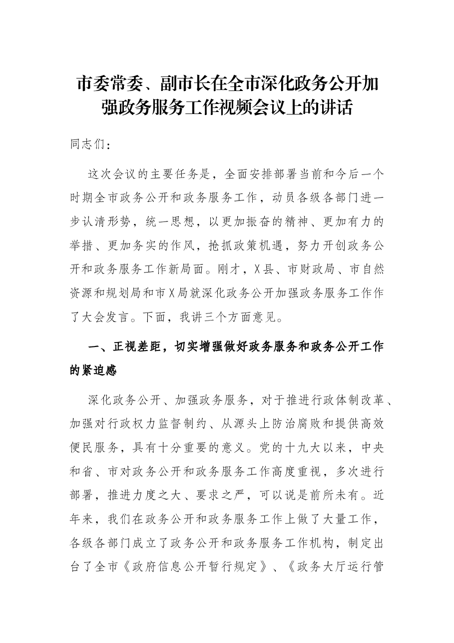 市委常委、副市长在全市深化政务公开加强政务服务工作视频会议上的讲话.docx,第1页预览