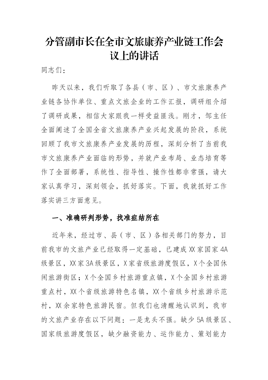 分管副市长在全市文旅康养产业链工作会议上的讲话.docx,第1页预览