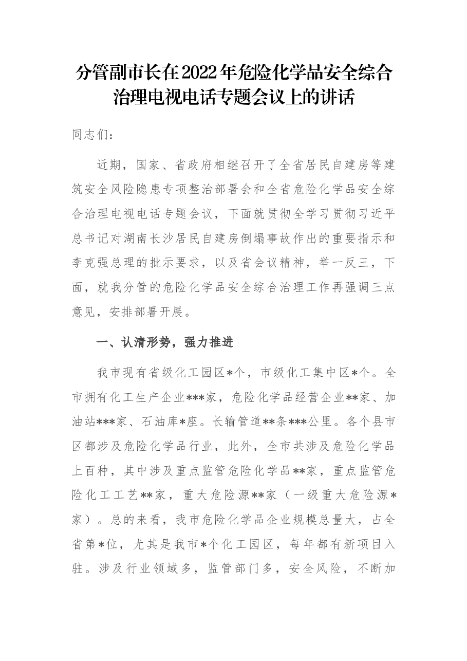 分管副市长在2022年危险化学品安全综合治理电视电话专题会议上的讲话.docx,第1页预览