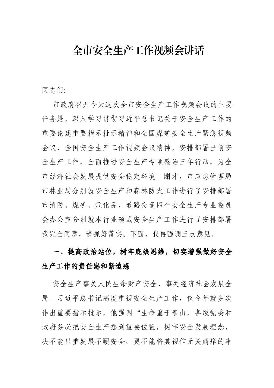 全市安全生产工作视频会讲话.docx,第1页预览