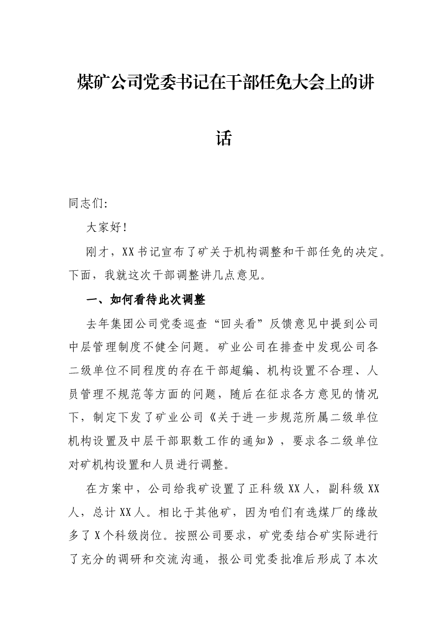 煤矿公司党委书记在干部任免大会上的讲话.docx,第1页预览