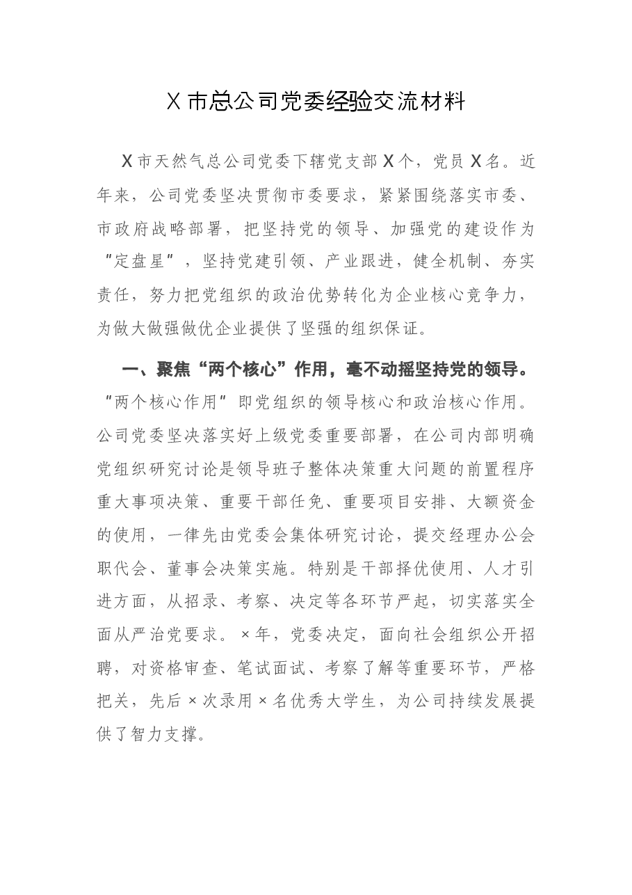 X市总公司党委经验交流材料.docx,第1页预览