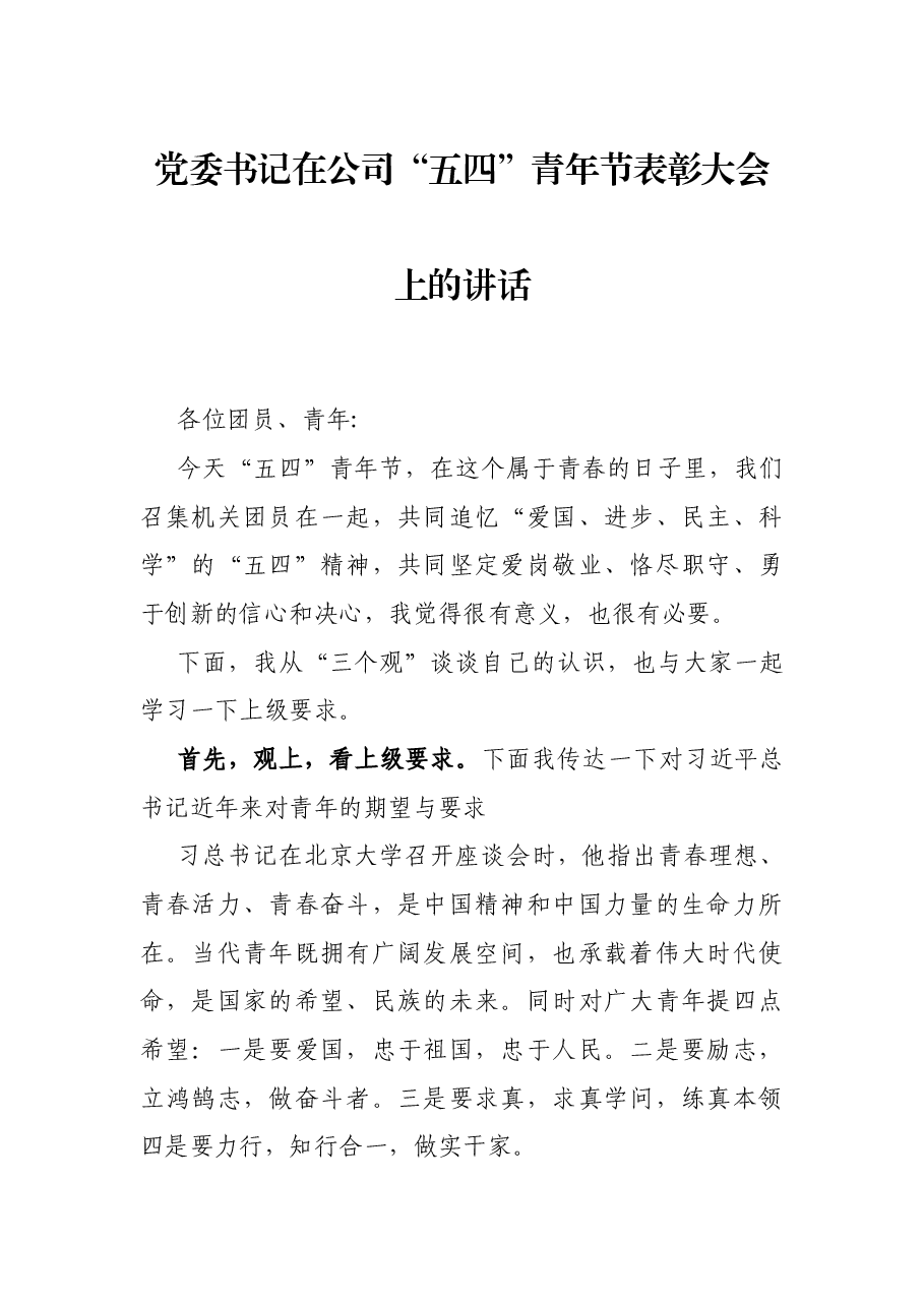 党委书记在公司“五四”青年节表彰大会上的讲话.docx,第1页预览