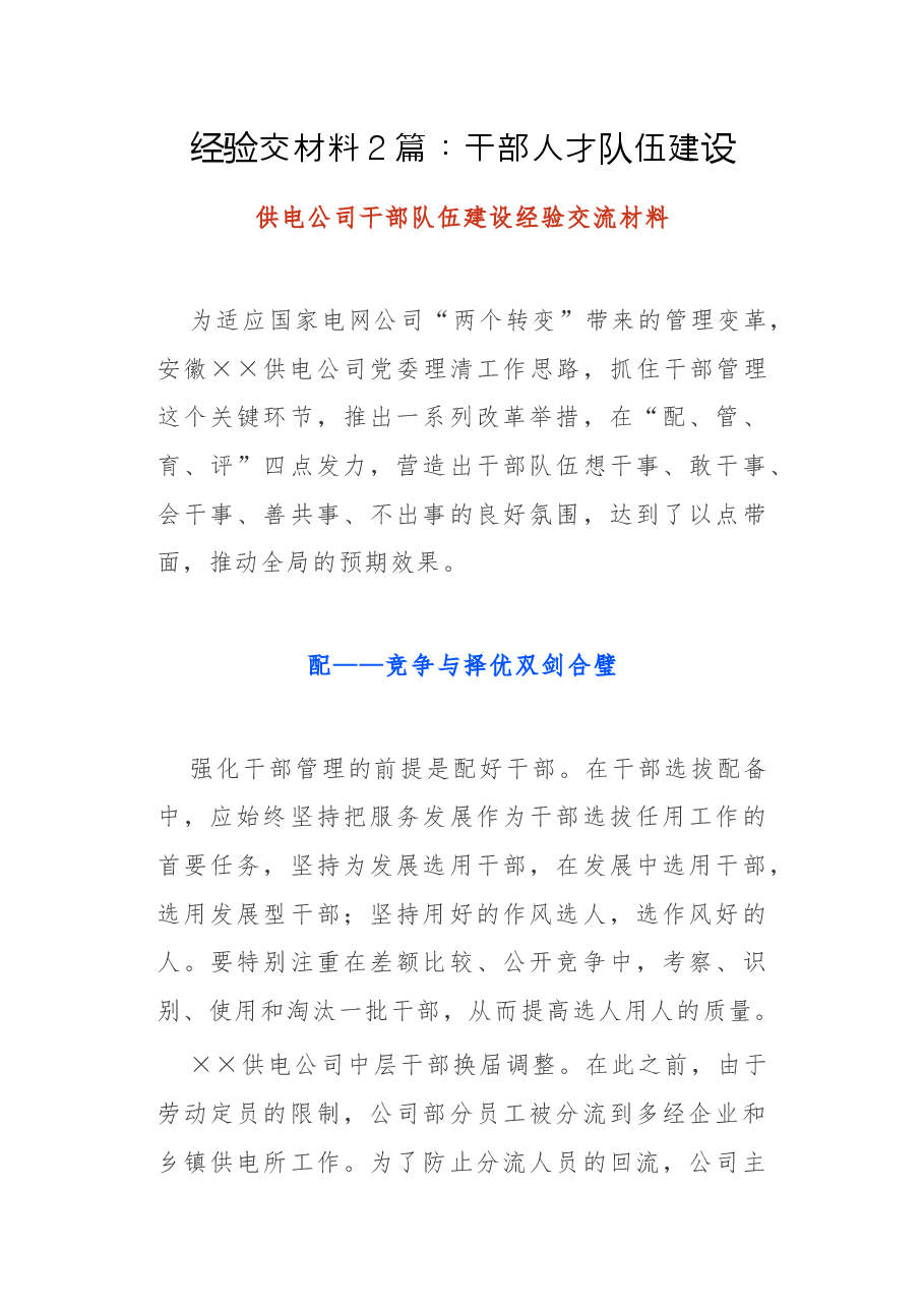 (2篇)经验交流材料:干部人才队伍建设.docx,第1页预览