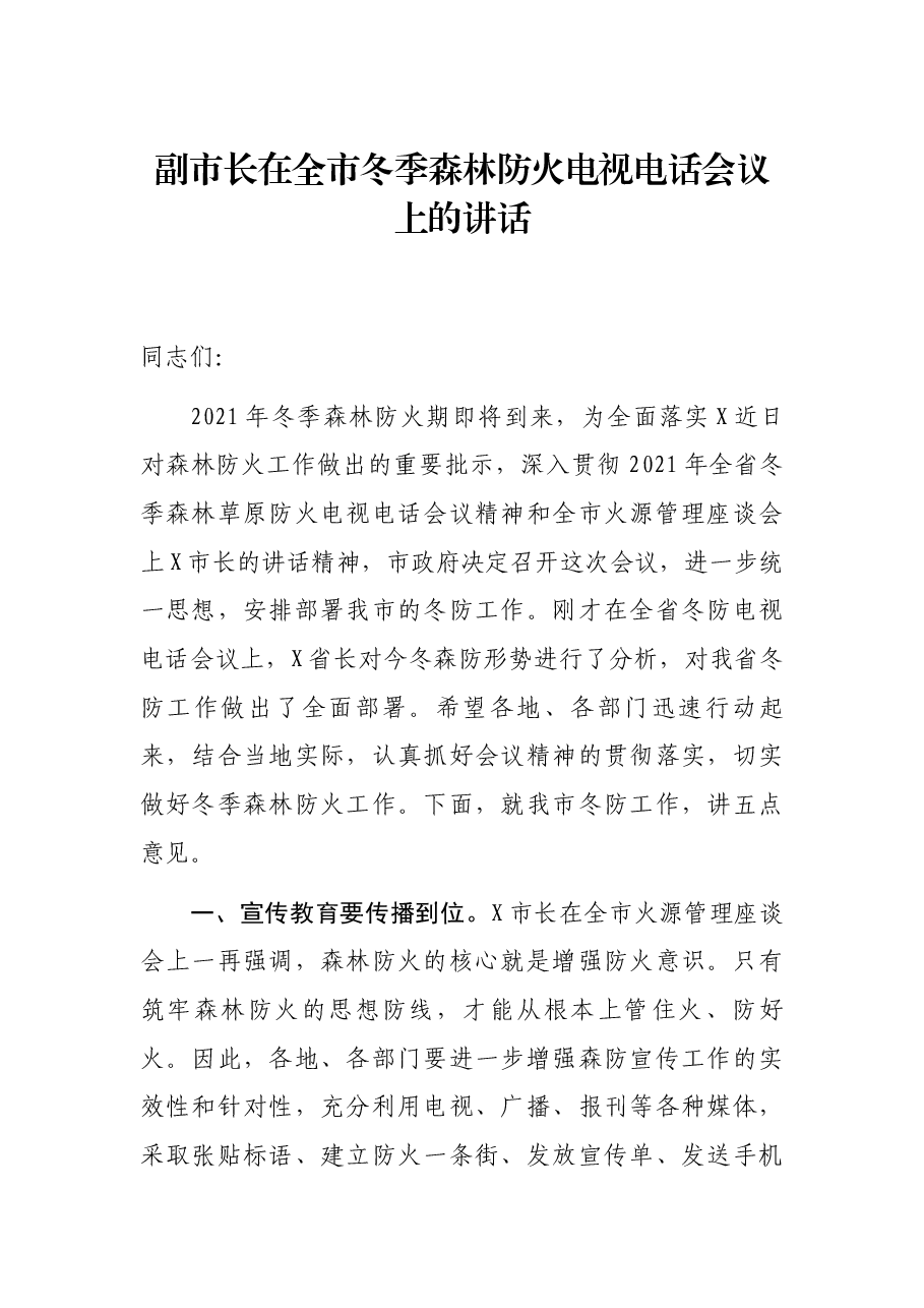 副市长在全市冬季森林防火电视电话会议上的讲话.docx,第1页预览