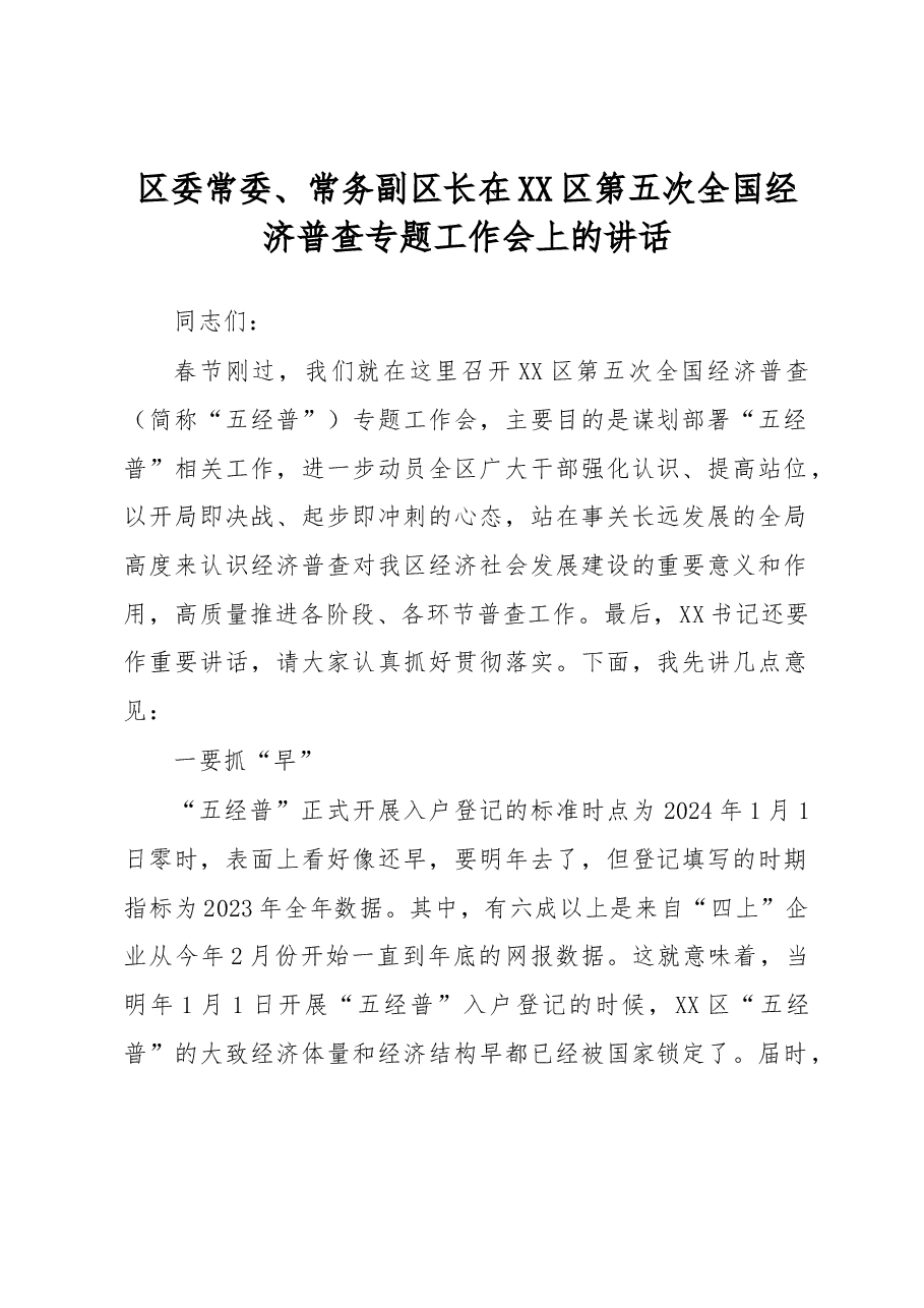 区委常委、常务副区长在XX区第五次全国经济普查专题工作会上的讲话.docx,第1页预览