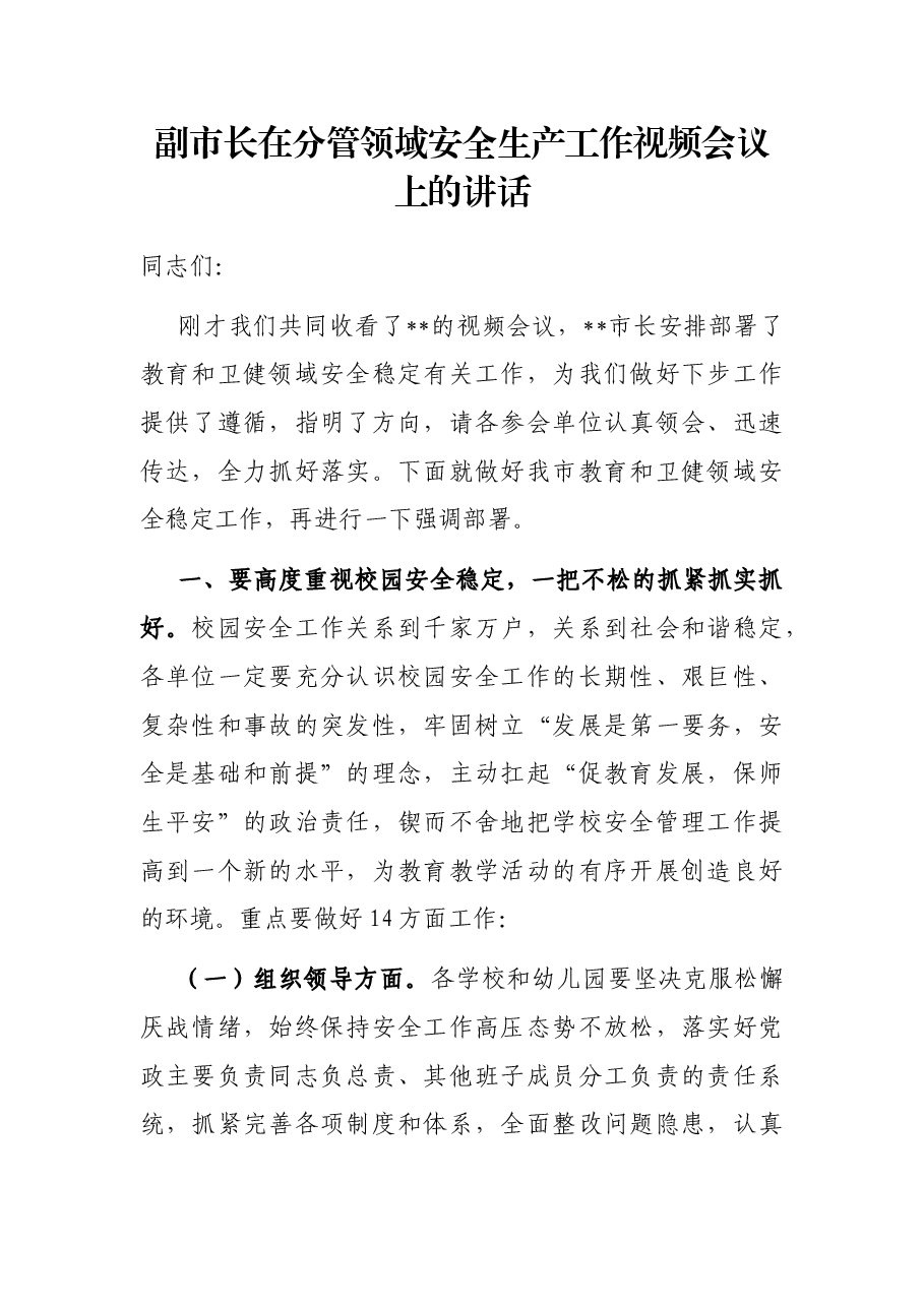 副市长在分管领域安全生产工作视频会议上的讲话.docx,第1页预览