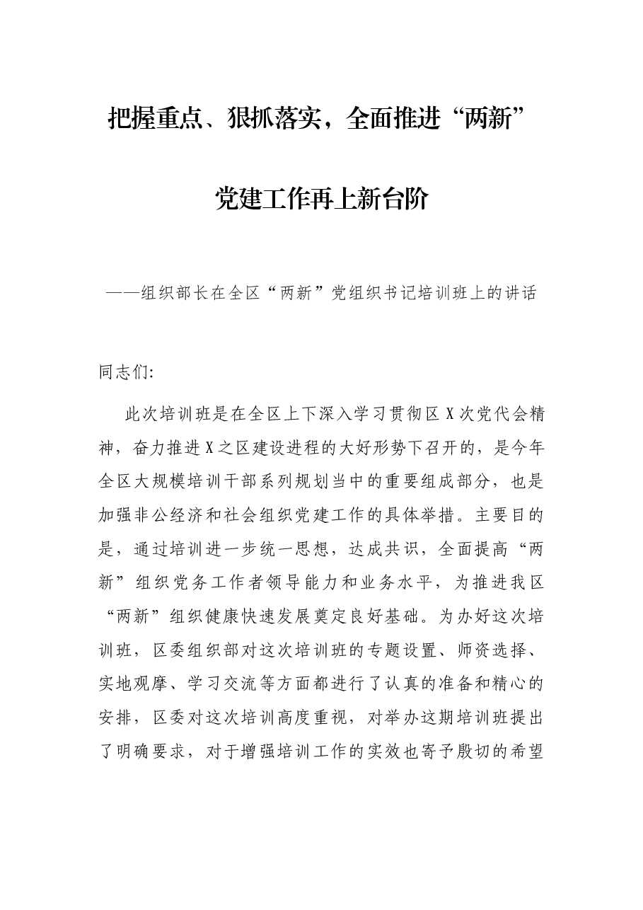 把握重点、狠抓落实,全面推进“两新”党建工作再上新台阶——组织部长在全区“两新”党组织书记培训班上的讲话.docx,第1页预览