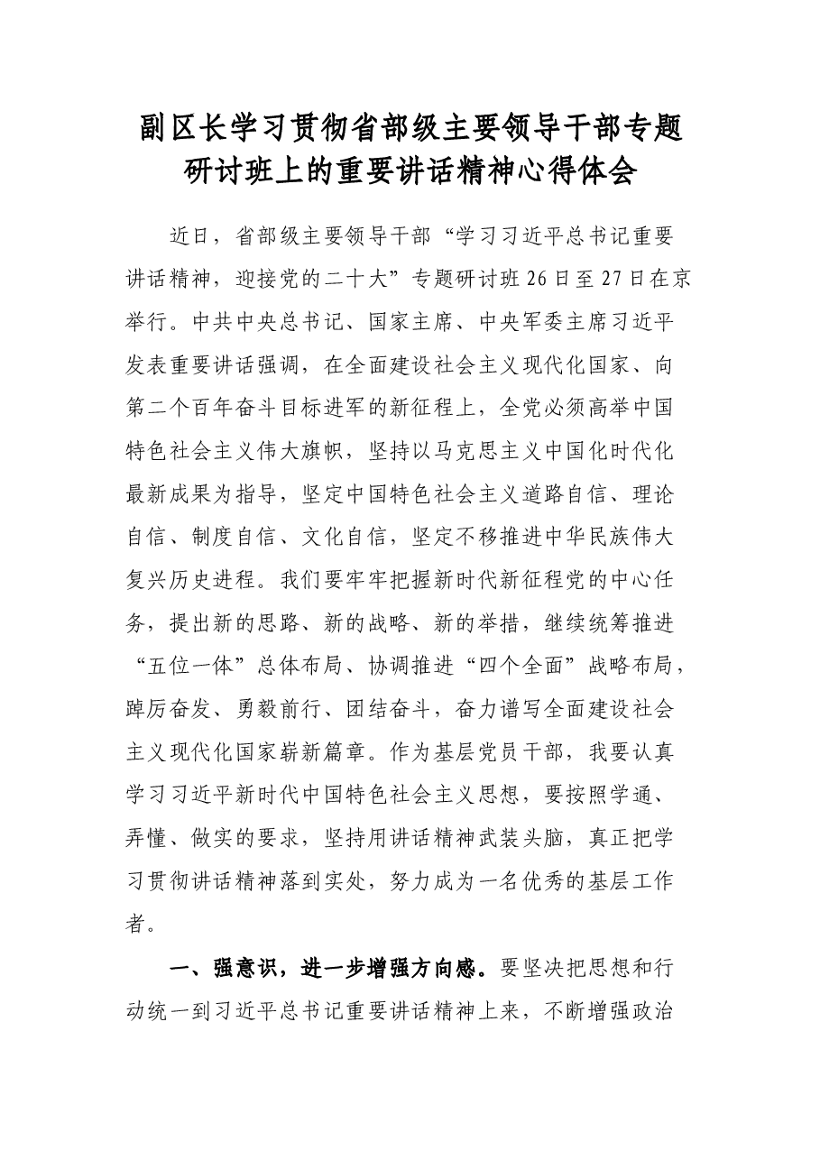 副区长学习贯彻省部级主要领导干部专题研讨班上的重要讲话精神心得体会.docx,第1页预览